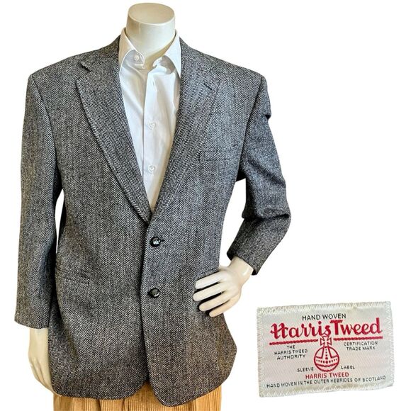 Harris Tweed Jos A Bank Handwoven Irish Wool Blazer Men 44S Herringbone Jacket - Picture 1 of 16